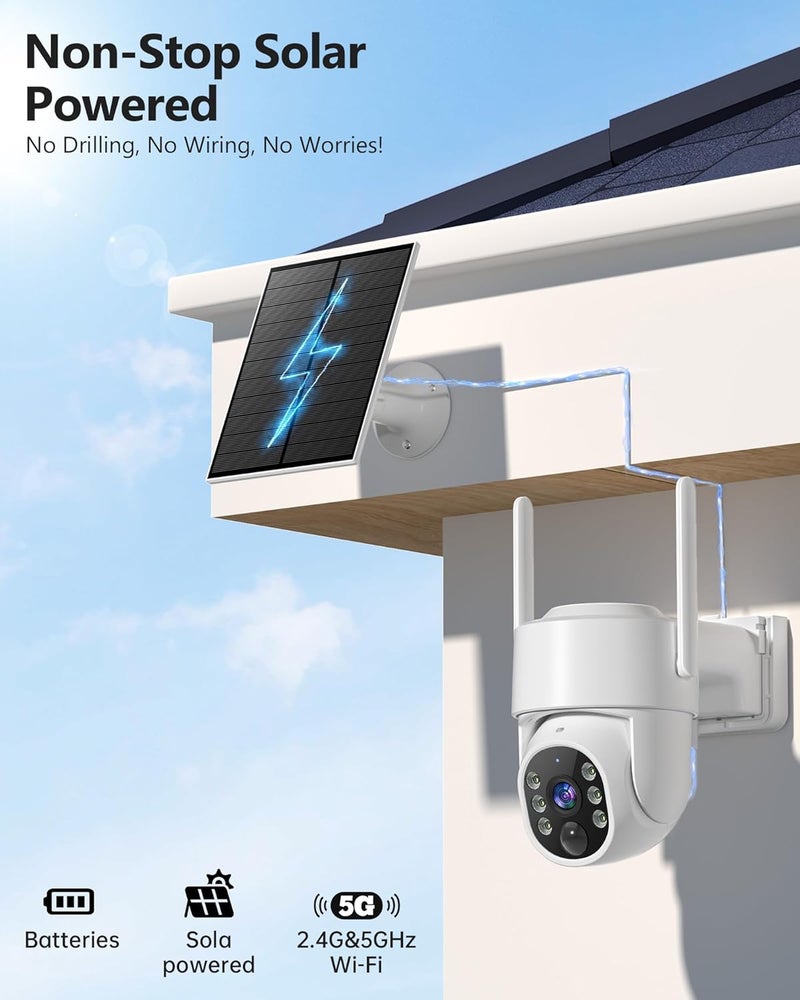 Gianteye 5G&2.4GHz Security Cameras Wireless Outdoor, 2K Cameras for Home Security, Solar & Battery Powered Security Camera Outdoor, Color Night Vision, PZT Human Detection, 2 Packs - Image 2